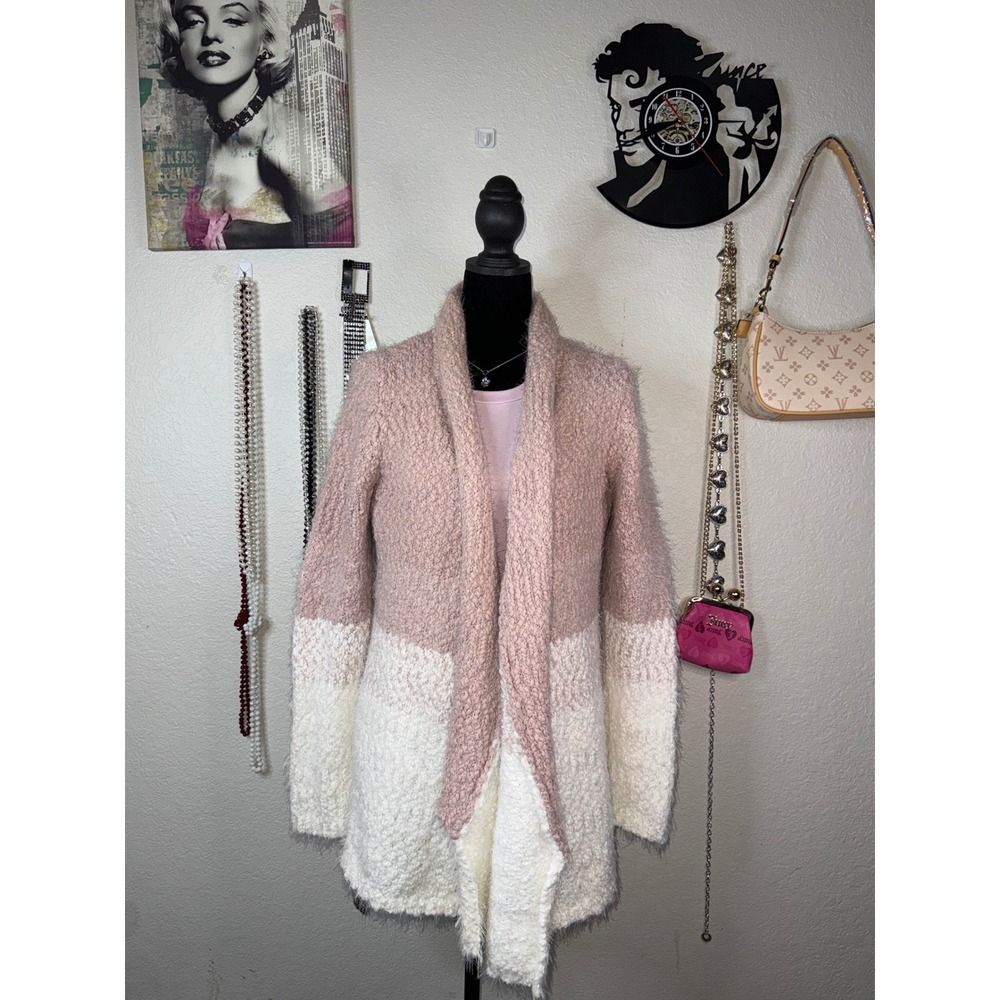 Signature Studio Pink Cream Colorblock Popcorn Knit Open Front Cardigan Large